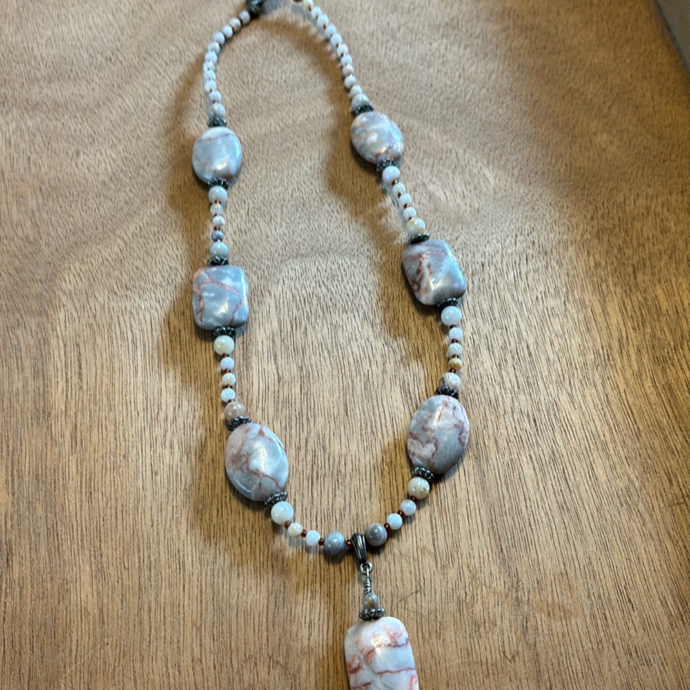 Jasper Natural Stone Silvertone Pendant Necklace 20”